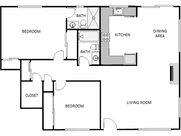 Floor plan for 2 beds, 2 baths, 1100 sqft